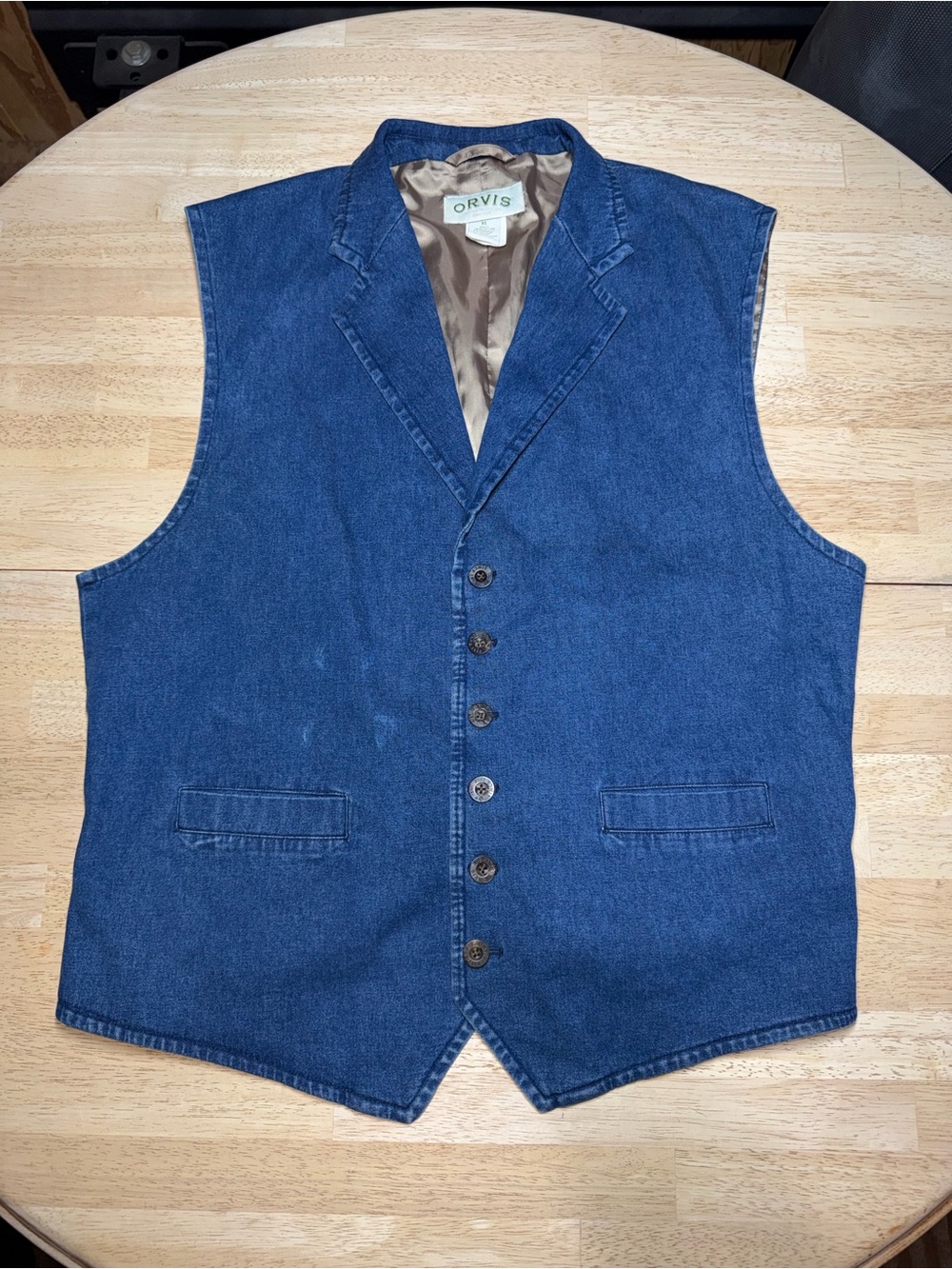 Orvis Denim Vest XL Mens Blue Cotton Lined Western Utility Waistcoat Back Buckle